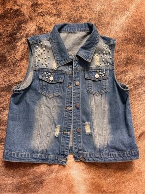 Studded Distressed Denim Vest - Medium